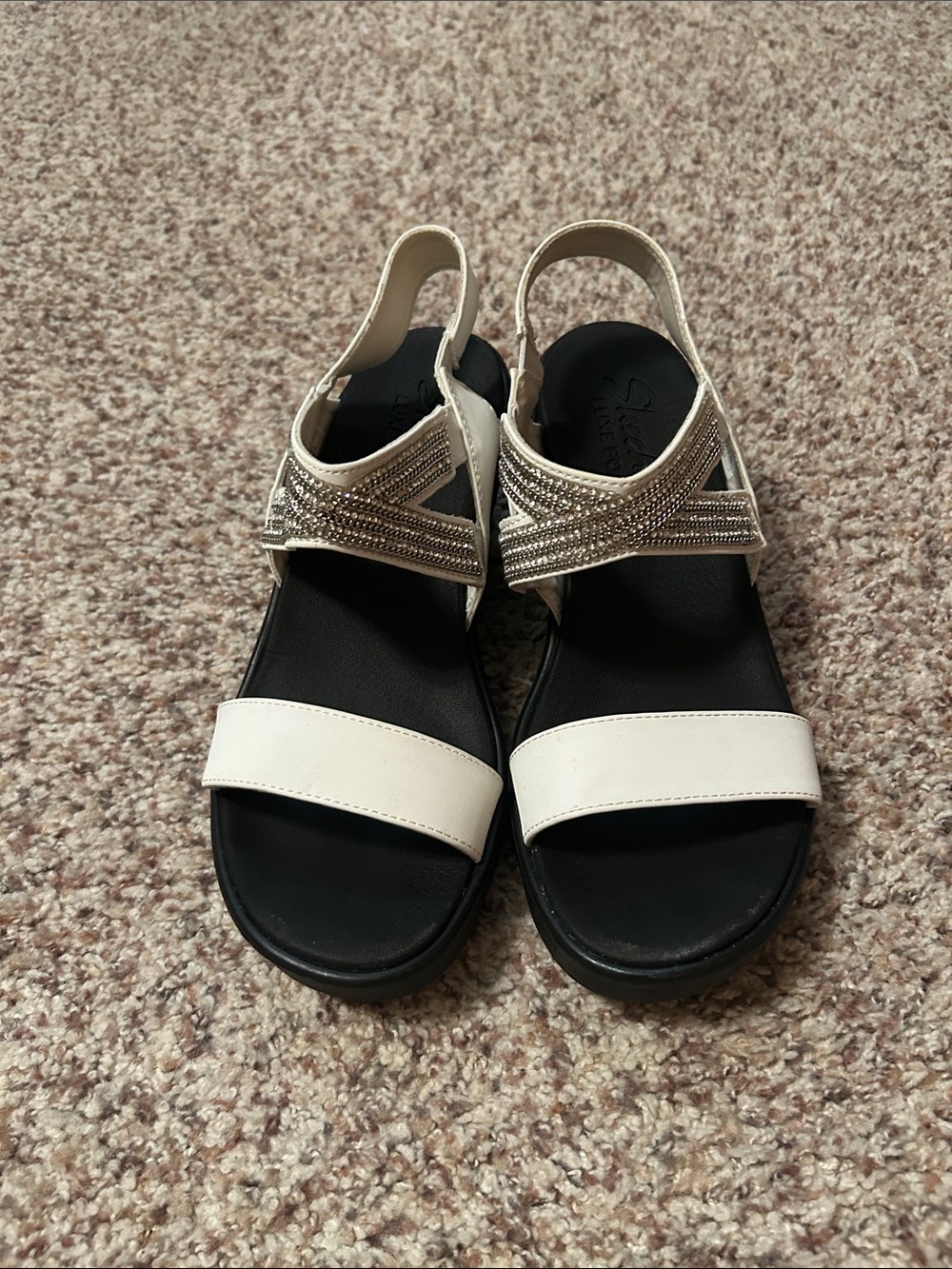 Skechers Black Footbed White Strap Sandals with Silver Beaded Slingback